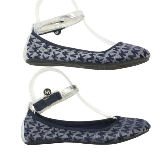 Michael Kors Fairleys Girls Sz 3 Silver Blue Logo Ankle Strap Ballet Flats Shoes - Picture 7 of 12